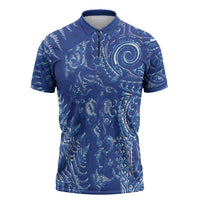 New Zealand Sea Animals Zipper Polo Shirt with Maori Koru Tribal Tattoo and Silver Ferns Aquatic Style LT03 Navy - Polynesian Pride