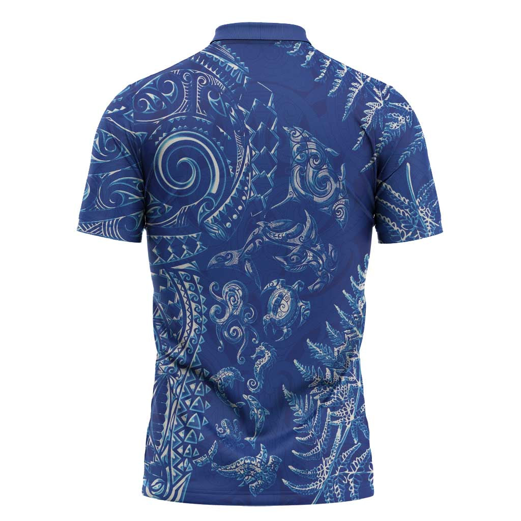 New Zealand Sea Animals Zipper Polo Shirt with Maori Koru Tribal Tattoo and Silver Ferns Aquatic Style LT03 - Polynesian Pride