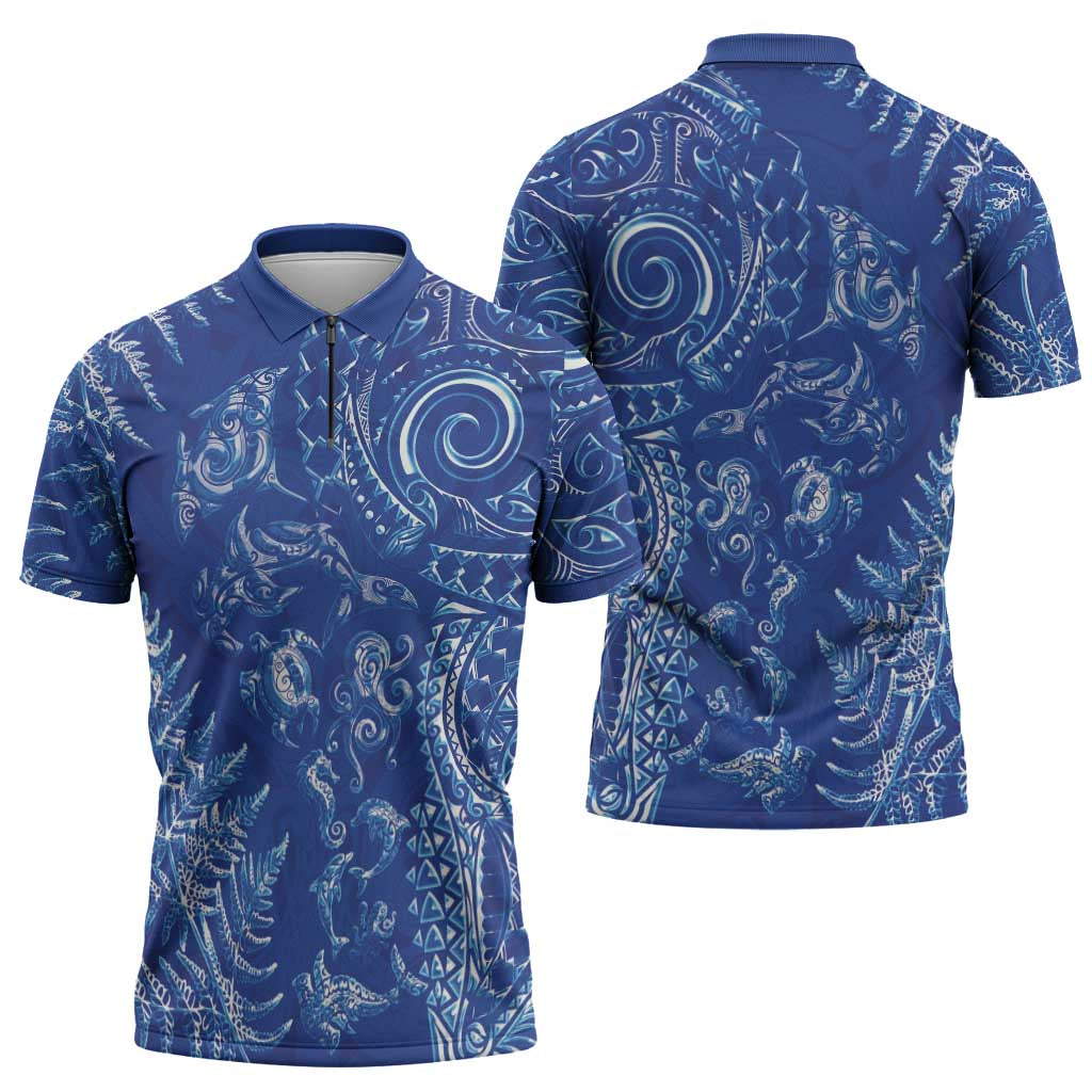 New Zealand Sea Animals Zipper Polo Shirt with Maori Koru Tribal Tattoo and Silver Ferns Aquatic Style LT03 - Polynesian Pride