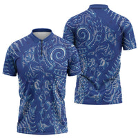 New Zealand Sea Animals Zipper Polo Shirt with Maori Koru Tribal Tattoo and Silver Ferns Aquatic Style LT03 - Polynesian Pride