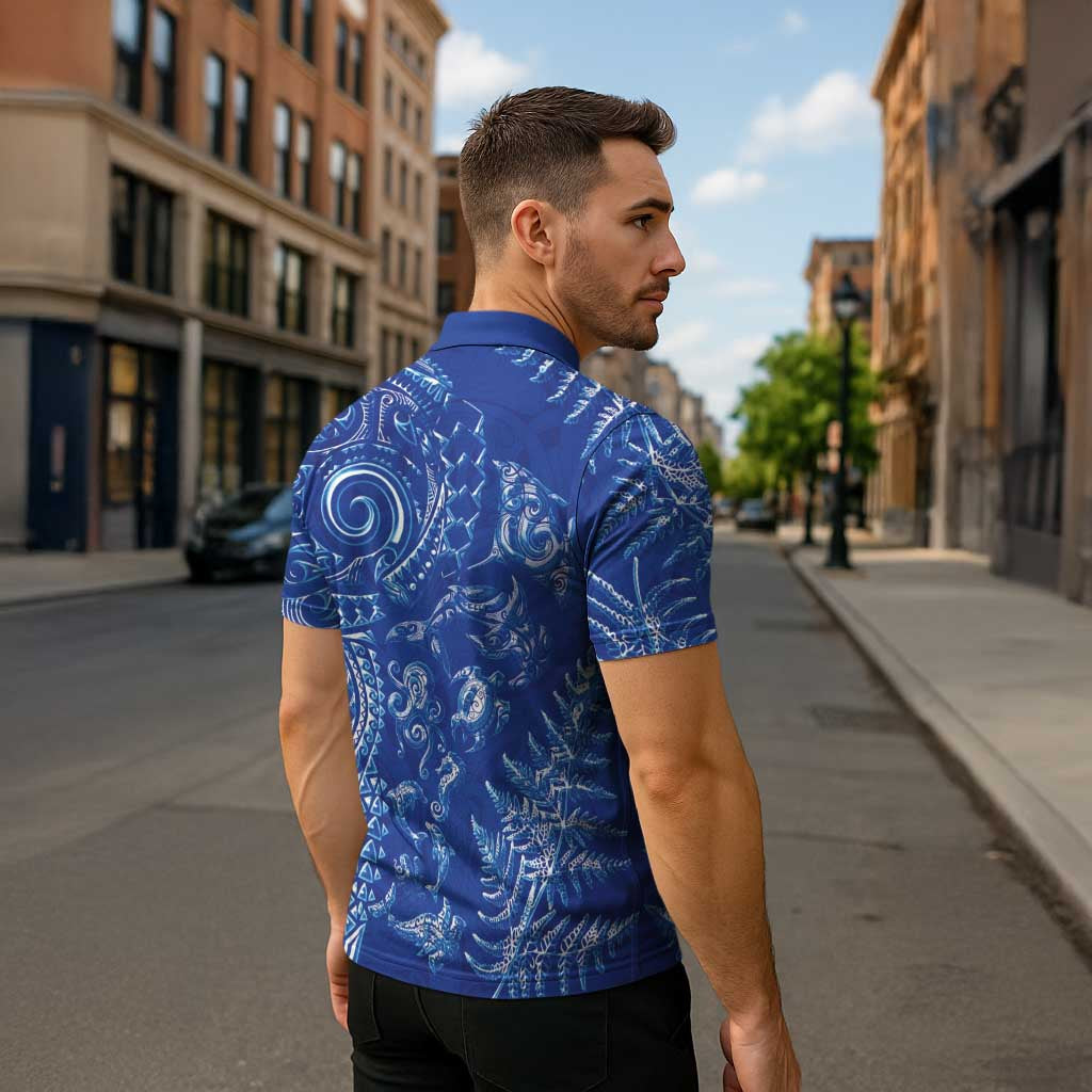 New Zealand Sea Animals Zipper Polo Shirt with Maori Koru Tribal Tattoo and Silver Ferns Aquatic Style LT03 - Polynesian Pride
