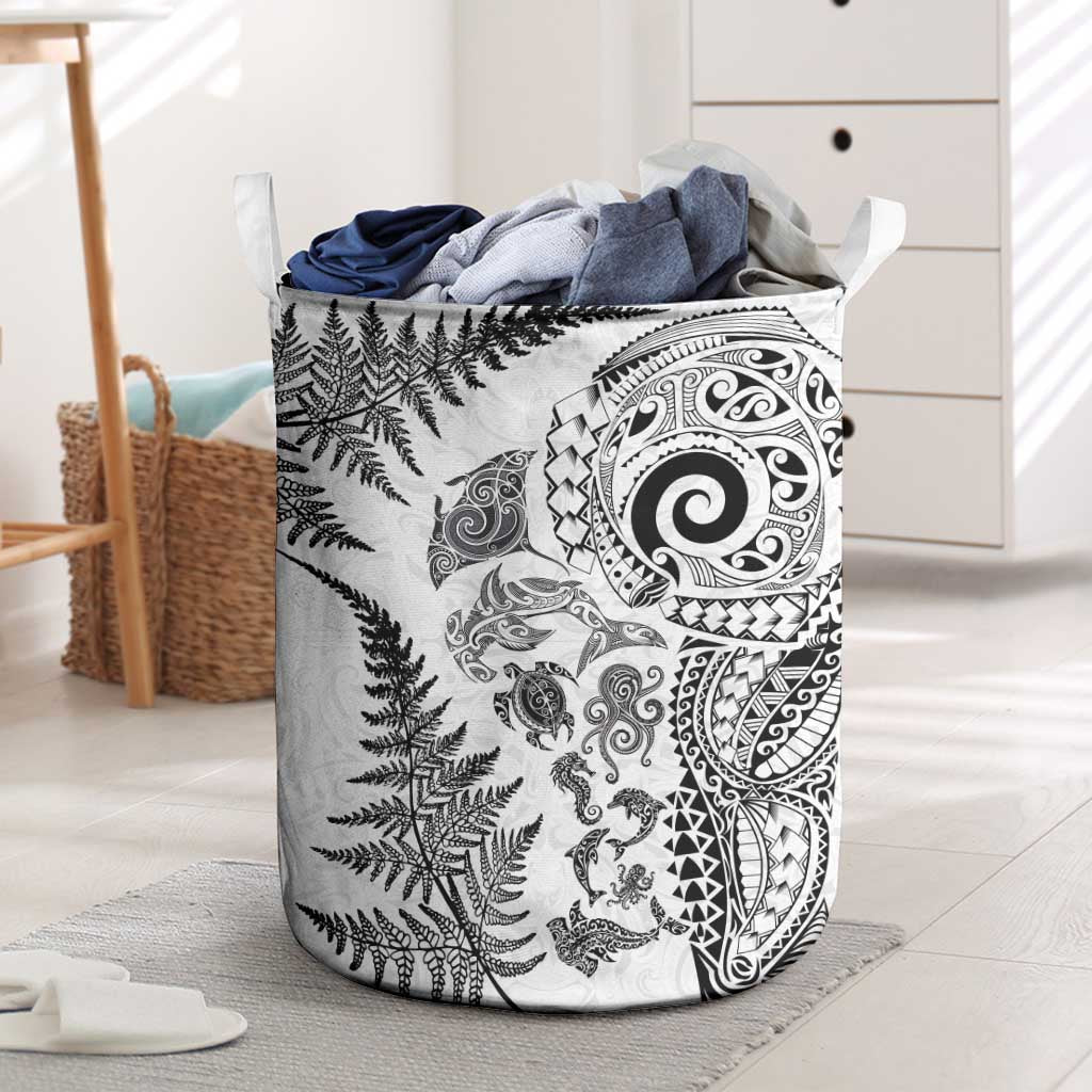 New Zealand Sea Animals Laundry Basket with Maori Koru Tribal Tattoo and Silver Ferns White Color