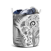 New Zealand Sea Animals Laundry Basket with Maori Koru Tribal Tattoo and Silver Ferns White Color