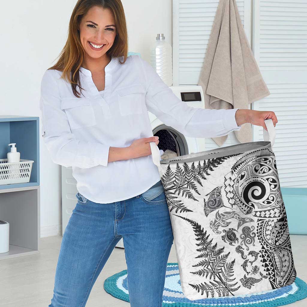 New Zealand Sea Animals Laundry Basket with Maori Koru Tribal Tattoo and Silver Ferns White Color