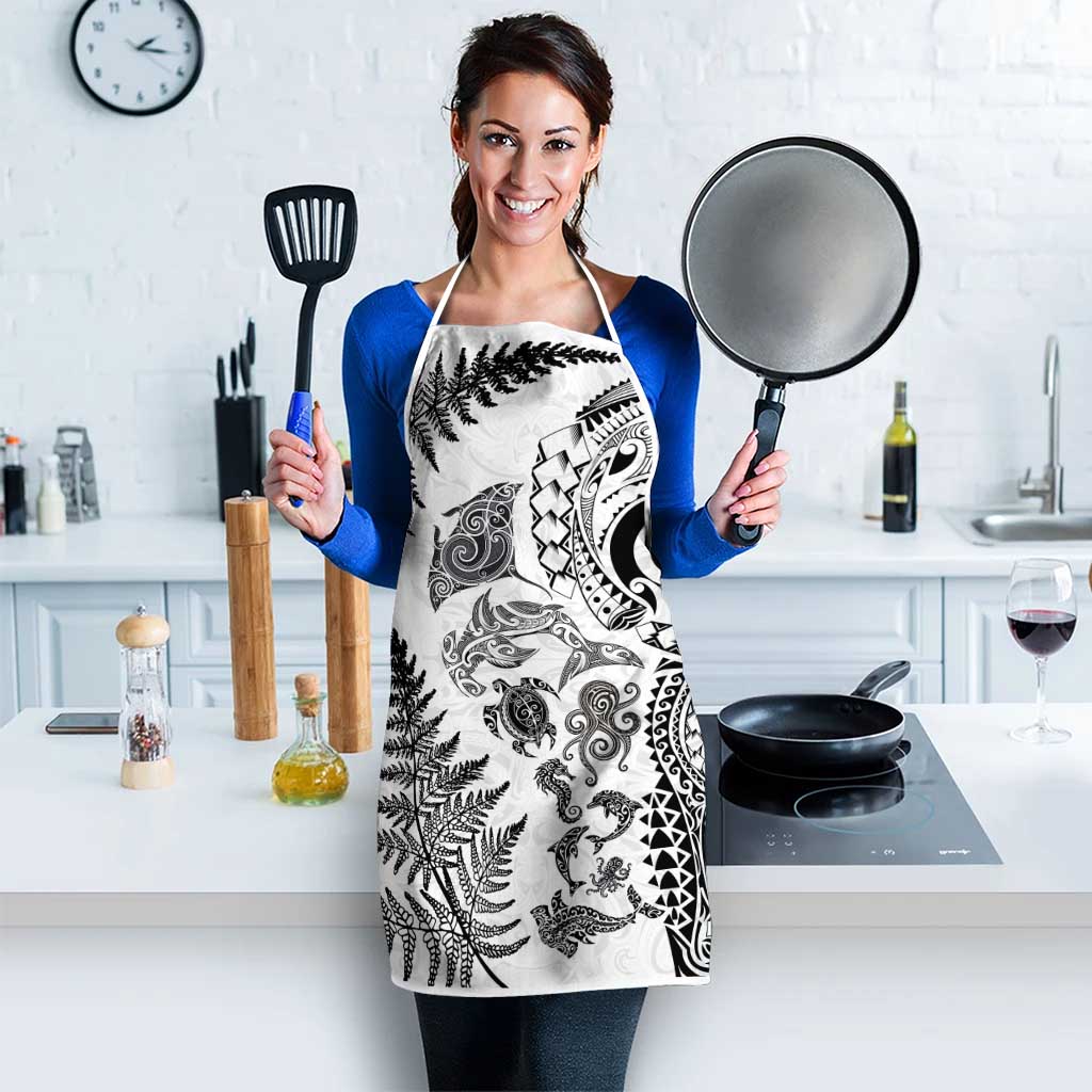New Zealand Sea Animals Apron with Maori Koru Tribal Tattoo and Silver Ferns White Color