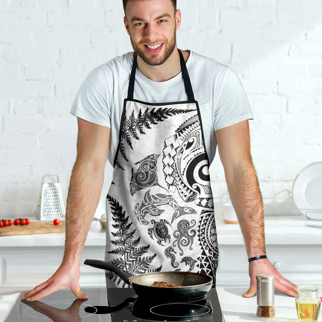 New Zealand Sea Animals Apron with Maori Koru Tribal Tattoo and Silver Ferns White Color