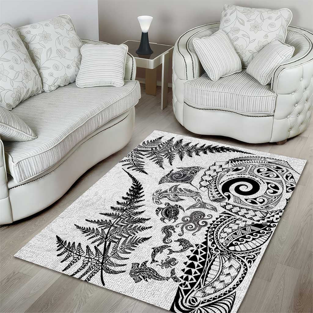 New Zealand Sea Animals Area Rug with Maori Koru Tribal Tattoo and Silver Ferns White Color