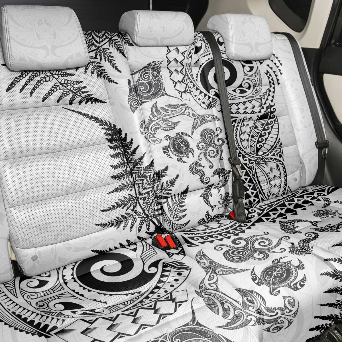 New Zealand Sea Animals Back Car Seat Cover with Maori Koru Tribal Tattoo and Silver Ferns White Color