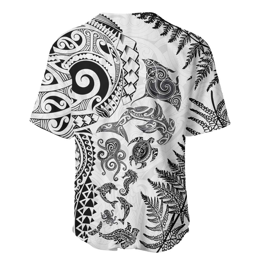 New Zealand Sea Animals Baseball Jersey with Maori Koru Tribal Tattoo and Silver Ferns White Color