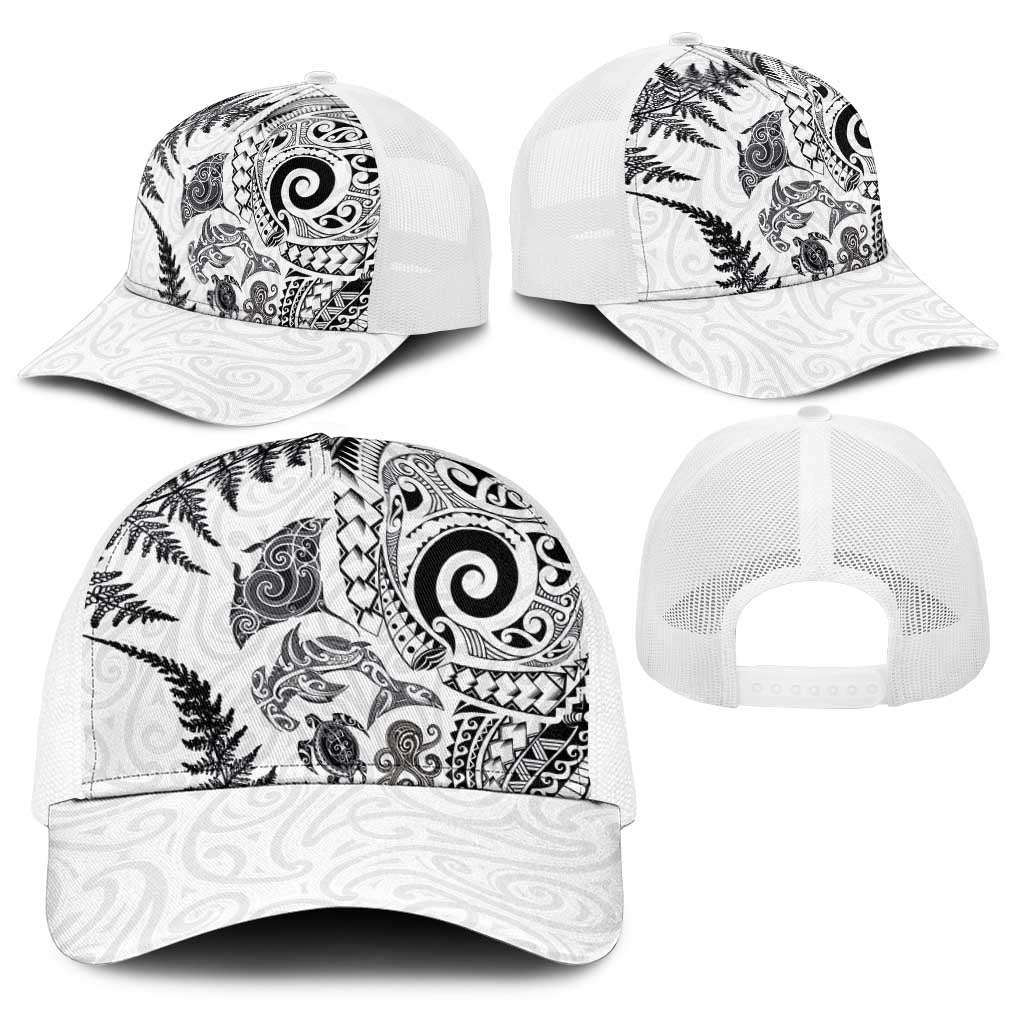 New Zealand Sea Animals Baseball Net Cap with Maori Koru Tribal Tattoo and Silver Ferns White Color