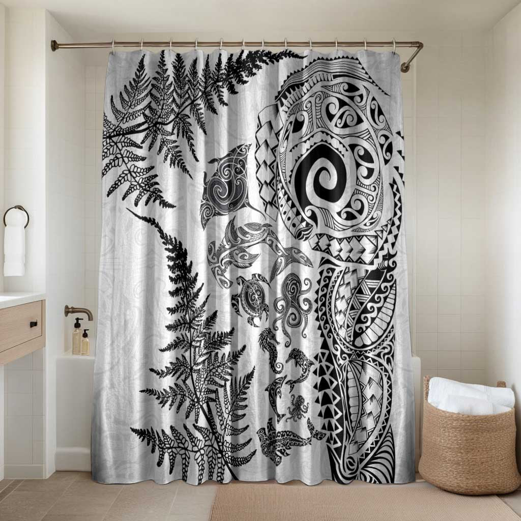 New Zealand Sea Animals Bathroom Set with Maori Koru Tribal Tattoo and Silver Ferns White Color