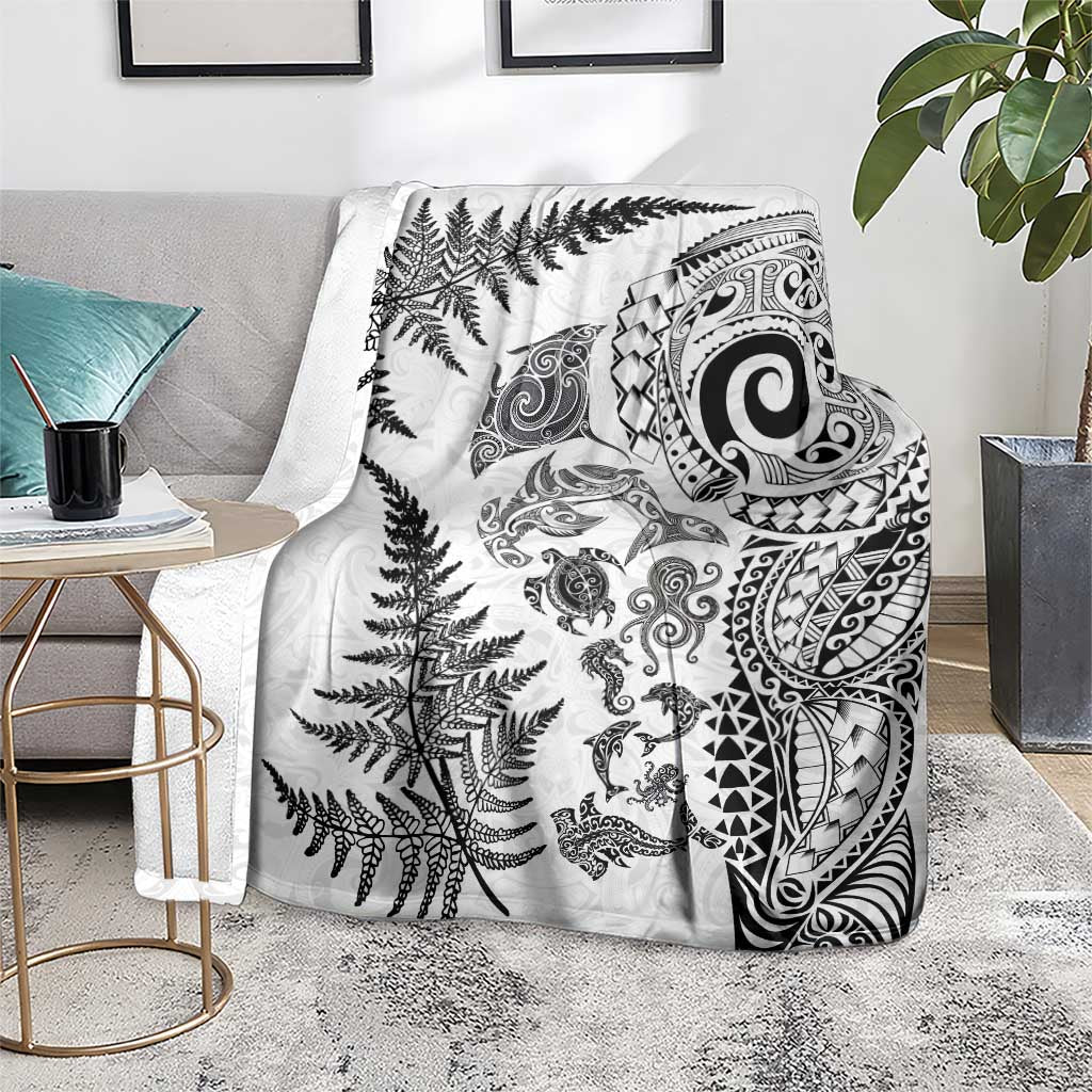 New Zealand Sea Animals Blanket with Maori Koru Tribal Tattoo and Silver Ferns White Color