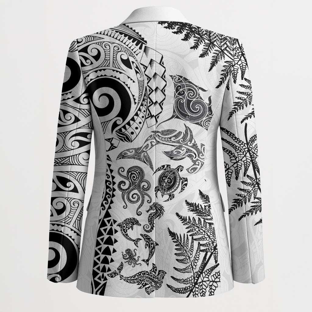 New Zealand Sea Animals Blazer with Maori Koru Tribal Tattoo and Silver Ferns White Color