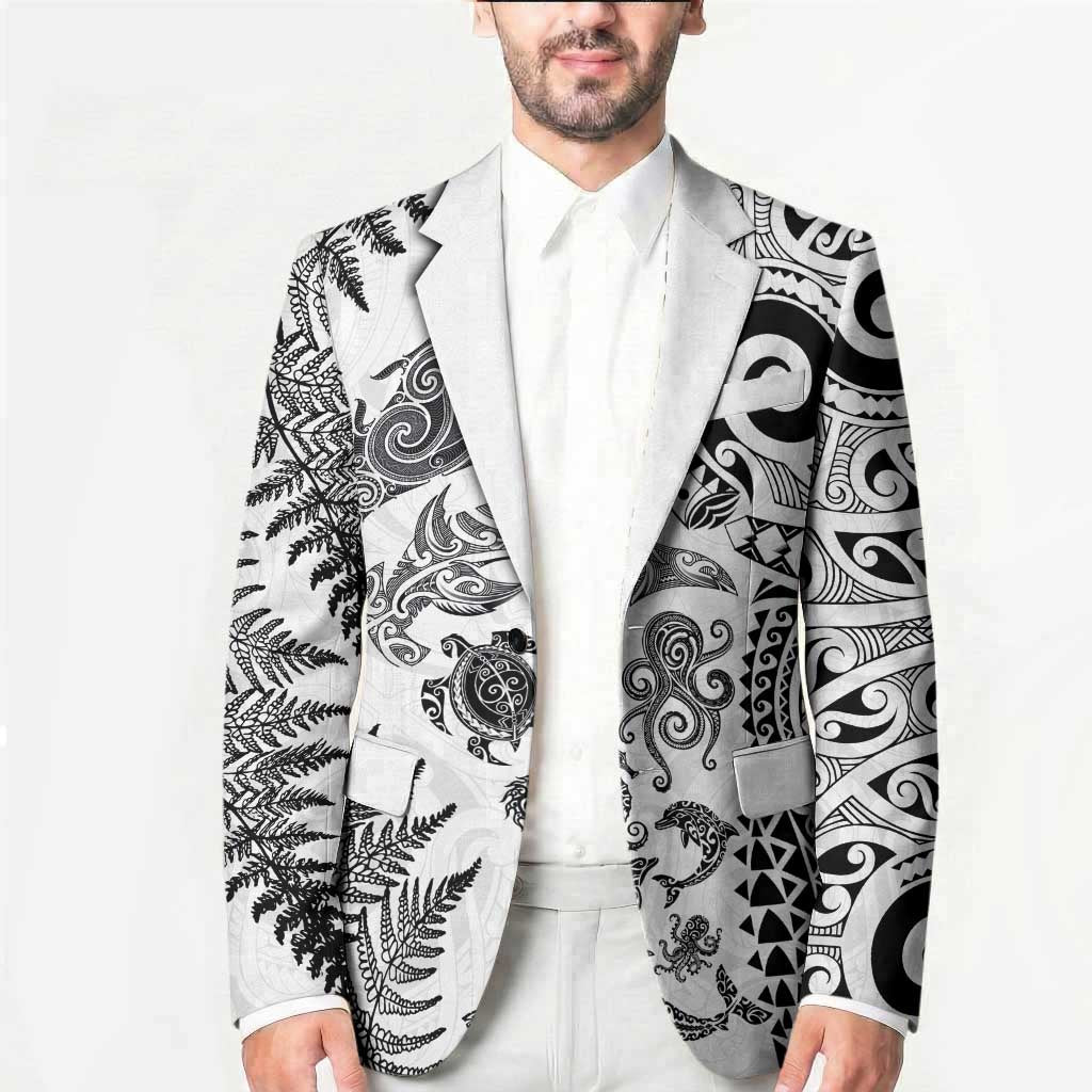New Zealand Sea Animals Blazer with Maori Koru Tribal Tattoo and Silver Ferns White Color