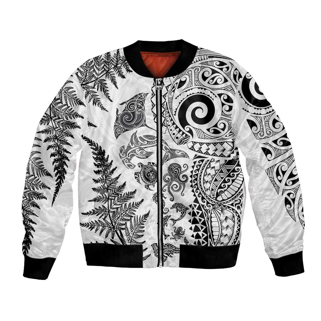 New Zealand Sea Animals Bomber Jacket with Maori Koru Tribal Tattoo and Silver Ferns White Color