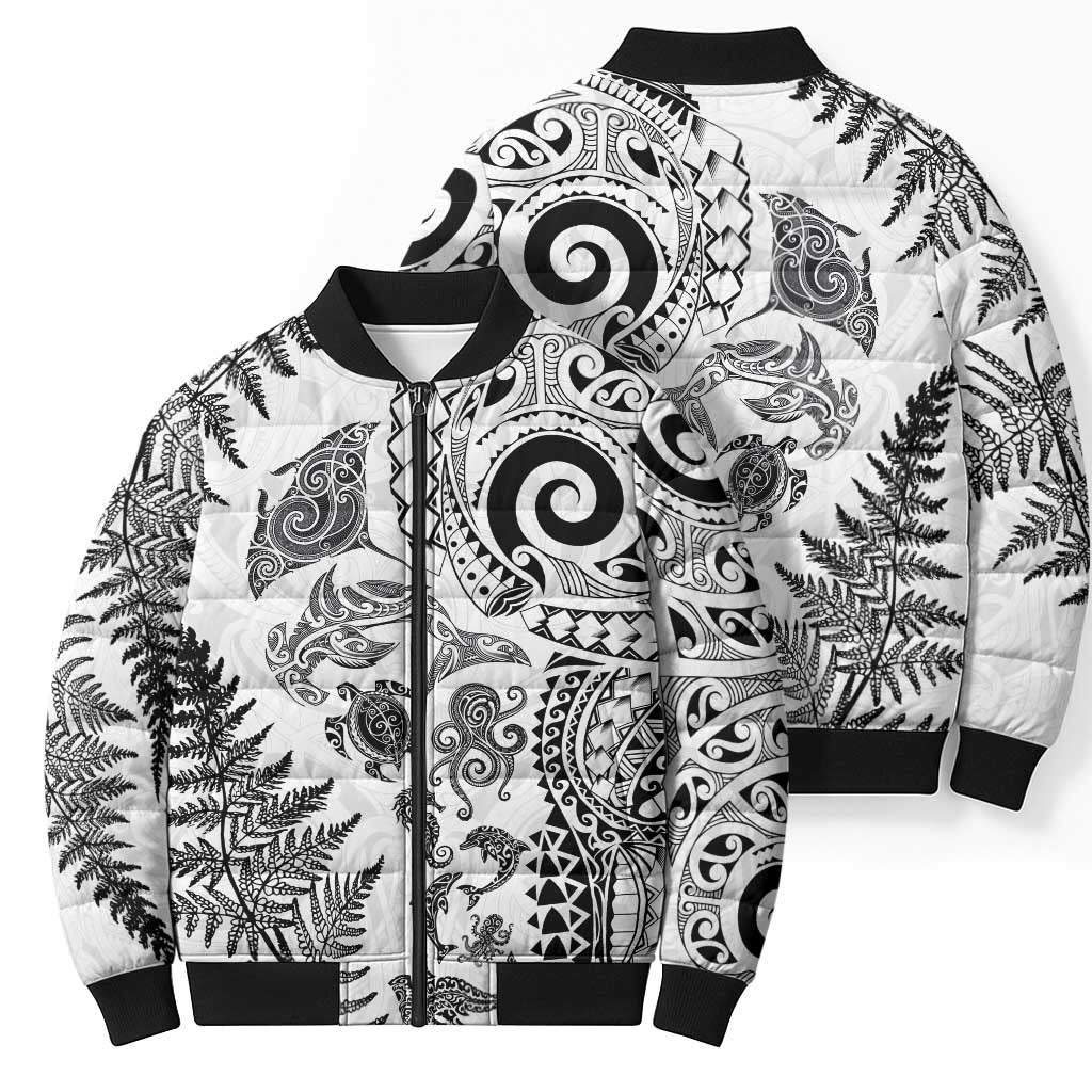 New Zealand Sea Animals Bomber Puffer Jacket with Maori Koru Tribal Tattoo and Silver Ferns White Color