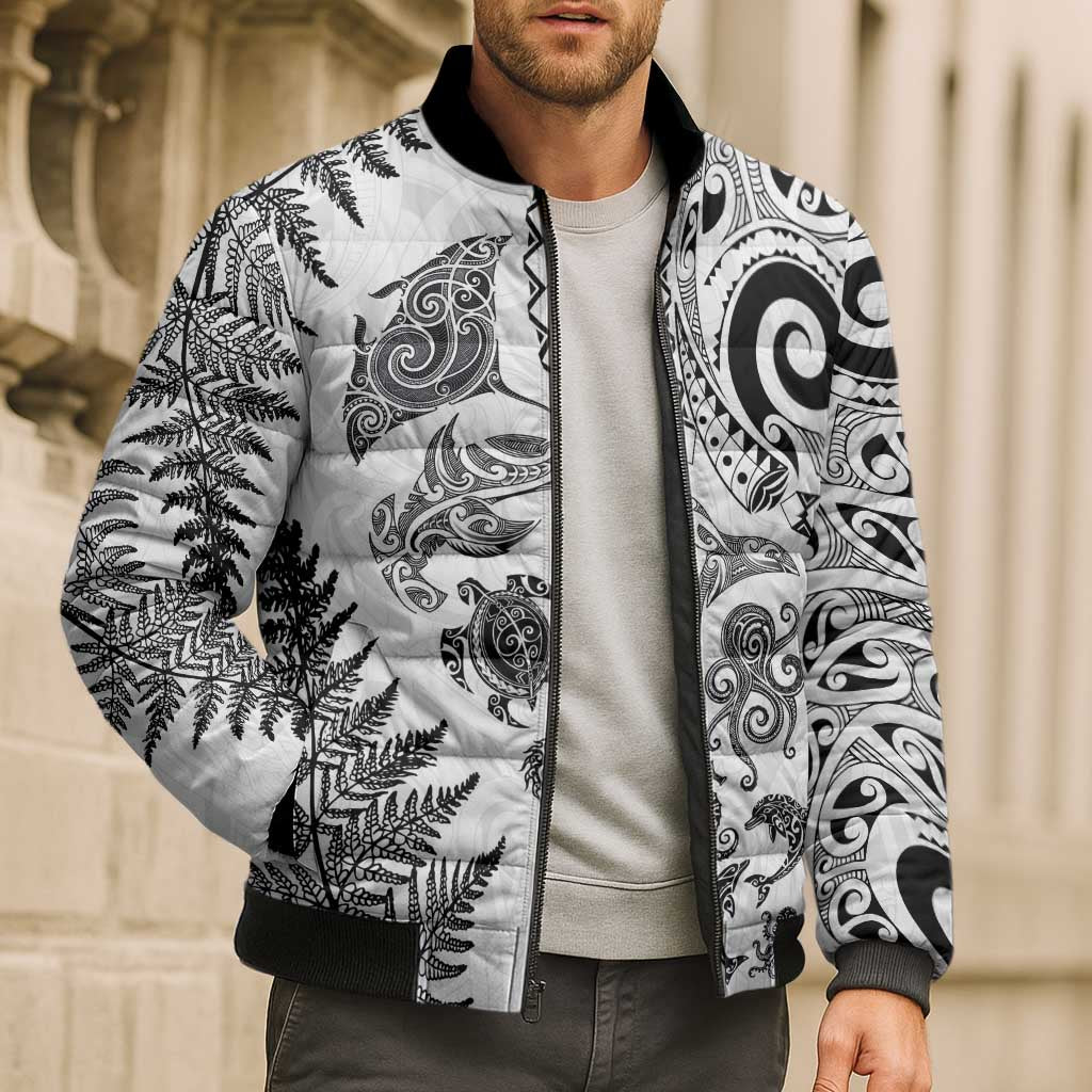 New Zealand Sea Animals Bomber Puffer Jacket with Maori Koru Tribal Tattoo and Silver Ferns White Color