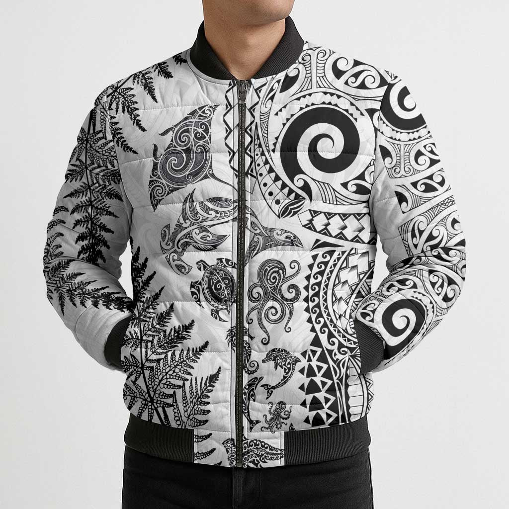 New Zealand Sea Animals Bomber Puffer Jacket with Maori Koru Tribal Tattoo and Silver Ferns White Color