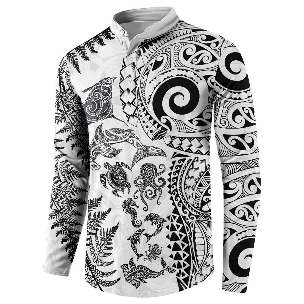 New Zealand Sea Animals Button Sweatshirt with Maori Koru Tribal Tattoo and Silver Ferns White Color