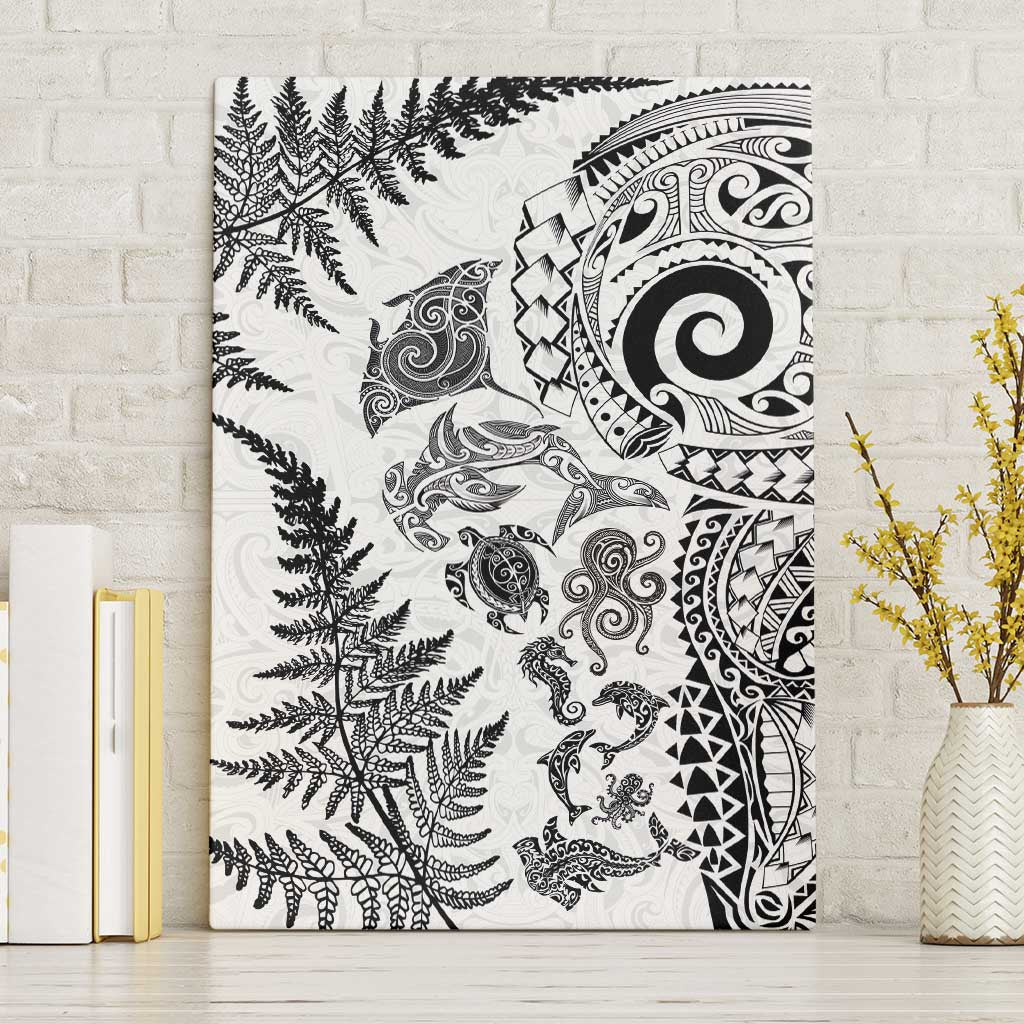 New Zealand Sea Animals Canvas Wall Art with Maori Koru Tribal Tattoo and Silver Ferns White Color