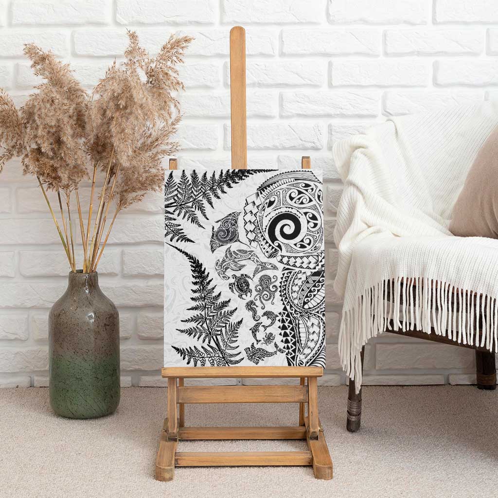 New Zealand Sea Animals Canvas Wall Art with Maori Koru Tribal Tattoo and Silver Ferns White Color