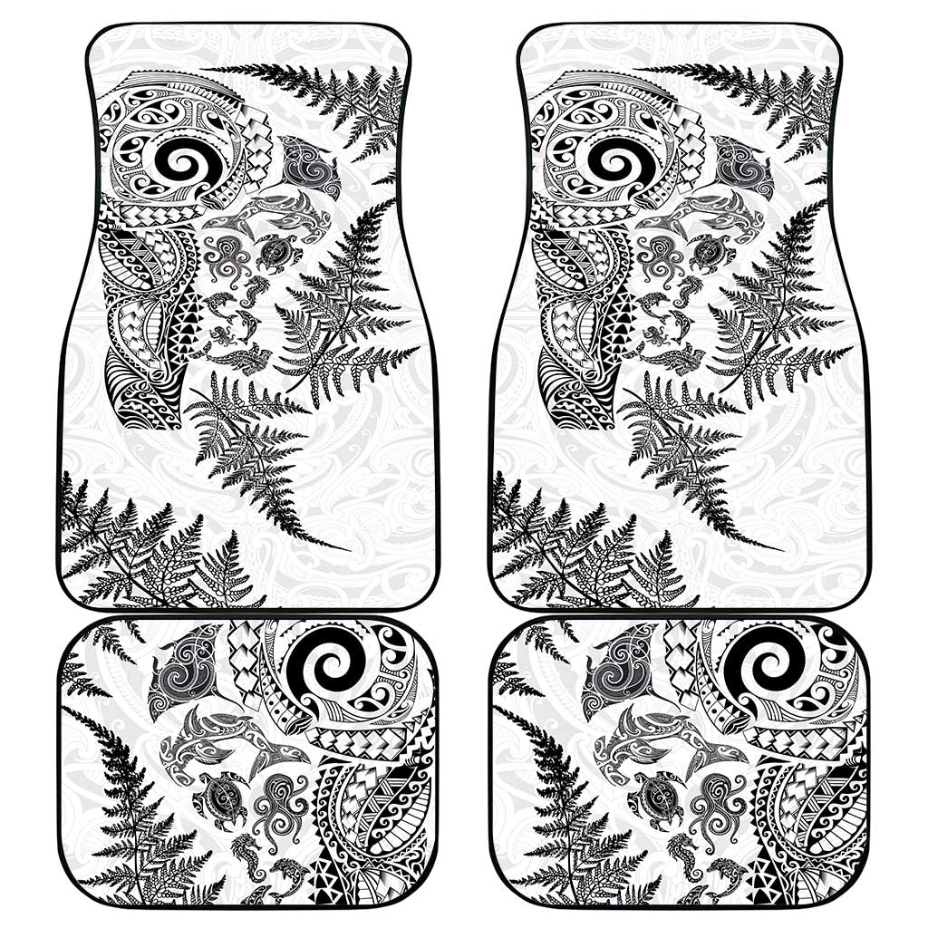 New Zealand Sea Animals Car Mats with Maori Koru Tribal Tattoo and Silver Ferns White Color