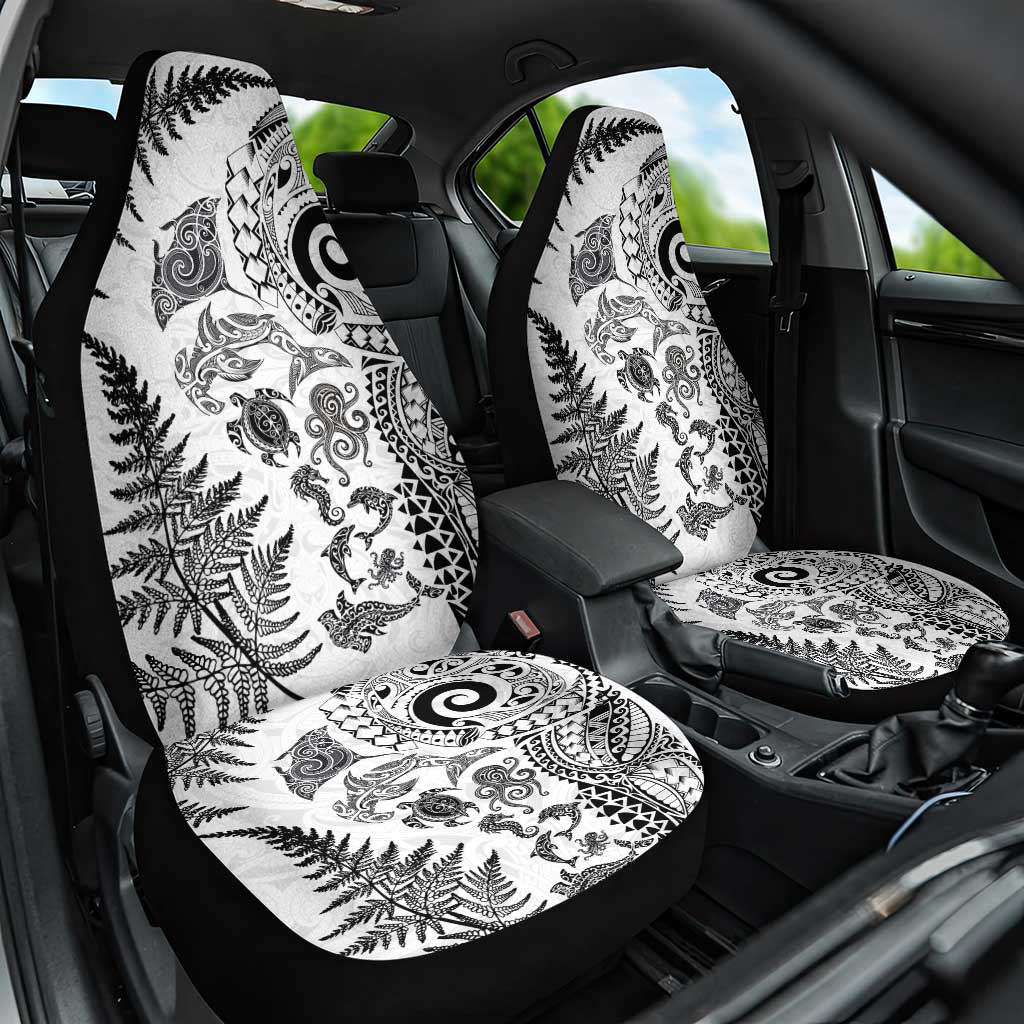 New Zealand Sea Animals Car Seat Cover with Maori Koru Tribal Tattoo and Silver Ferns White Color