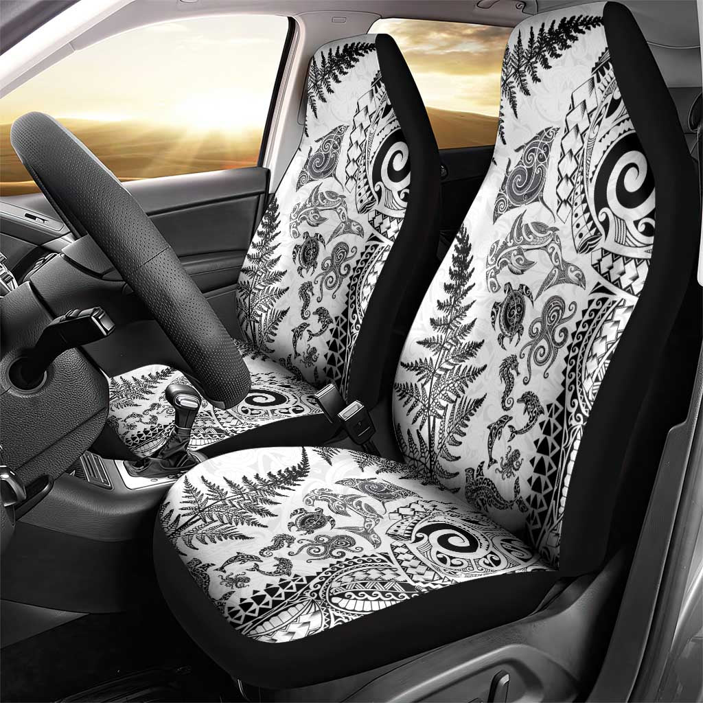 New Zealand Sea Animals Car Seat Cover with Maori Koru Tribal Tattoo and Silver Ferns White Color
