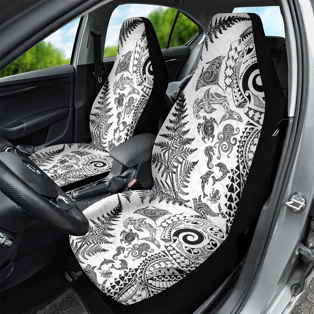 New Zealand Sea Animals Car Seat Cover with Maori Koru Tribal Tattoo and Silver Ferns White Color