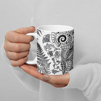 New Zealand Sea Animals Ceramic Mug with Maori Koru Tribal Tattoo and Silver Ferns White Color