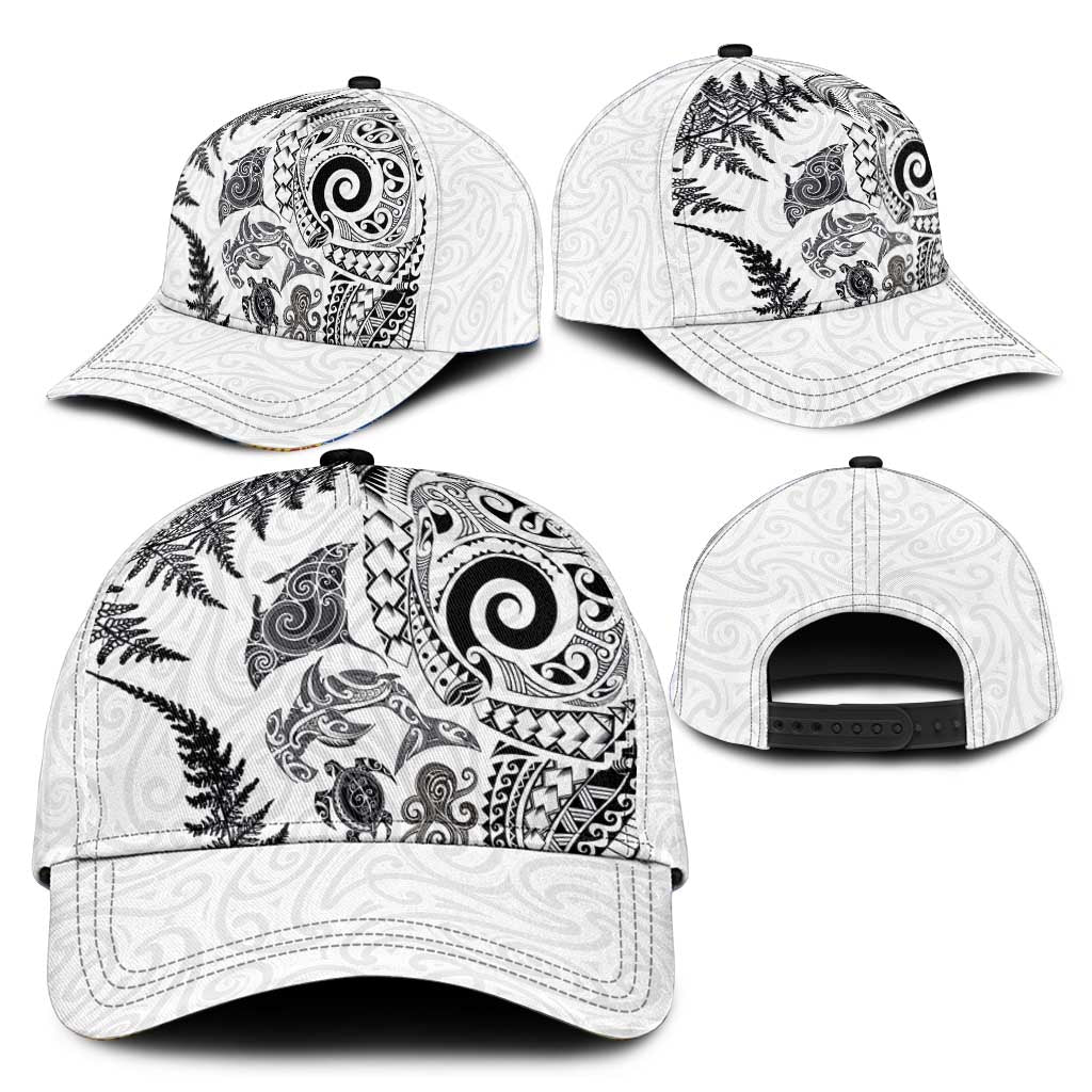 New Zealand Sea Animals Classic Cap with Maori Koru Tribal Tattoo and Silver Ferns White Color