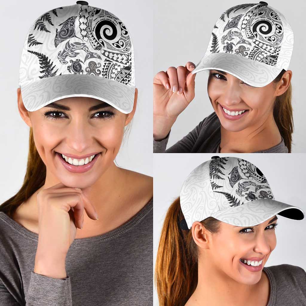 New Zealand Sea Animals Classic Cap with Maori Koru Tribal Tattoo and Silver Ferns White Color