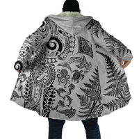 New Zealand Sea Animals Cloak with Maori Koru Tribal Tattoo and Silver Ferns White Color