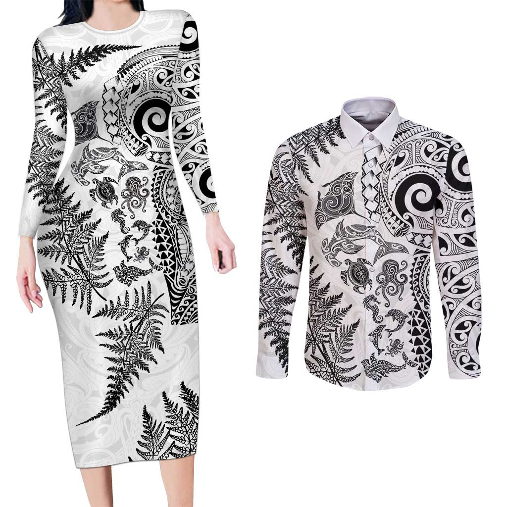 New Zealand Sea Animals Couples Matching Long Sleeve Bodycon Dress and Long Sleeve Button Shirt with Maori Koru Tribal Tattoo and Silver Ferns White Color LT03 White - Polynesian Pride