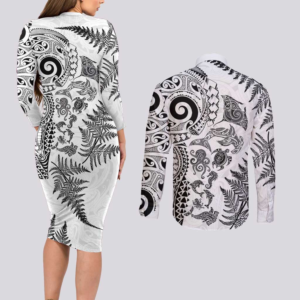 New Zealand Sea Animals Couples Matching Long Sleeve Bodycon Dress and Long Sleeve Button Shirt with Maori Koru Tribal Tattoo and Silver Ferns White Color LT03 - Polynesian Pride