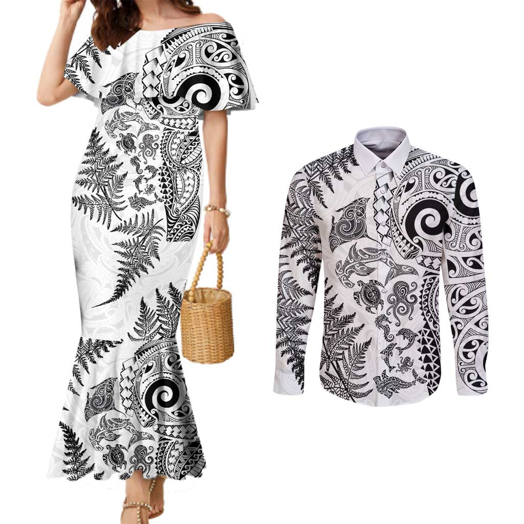 New Zealand Sea Animals Couples Matching Mermaid Dress and Long Sleeve Button Shirt with Maori Koru Tribal Tattoo and Silver Ferns White Color
