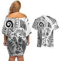 New Zealand Sea Animals Couples Matching Off Shoulder Short Dress and Hawaiian Shirt with Maori Koru Tribal Tattoo and Silver Ferns White Color LT03 - Polynesian Pride