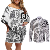 New Zealand Sea Animals Couples Matching Off Shoulder Short Dress and Long Sleeve Button Shirt with Maori Koru Tribal Tattoo and Silver Ferns White Color