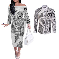 New Zealand Sea Animals Couples Matching Off The Shoulder Long Sleeve Dress and Long Sleeve Button Shirt with Maori Koru Tribal Tattoo and Silver Ferns White Color LT03 White - Polynesian Pride
