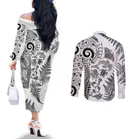 New Zealand Sea Animals Couples Matching Off The Shoulder Long Sleeve Dress and Long Sleeve Button Shirt with Maori Koru Tribal Tattoo and Silver Ferns White Color LT03 - Polynesian Pride