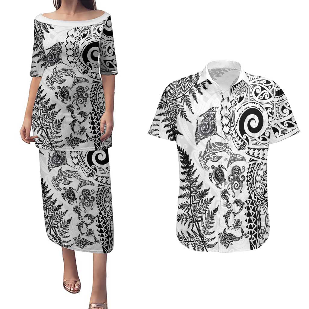 New Zealand Sea Animals Couples Matching Puletasi and Hawaiian Shirt with Maori Koru Tribal Tattoo and Silver Ferns White Color