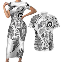 New Zealand Sea Animals Couples Matching Short Sleeve Bodycon Dress and Hawaiian Shirt with Maori Koru Tribal Tattoo and Silver Ferns White Color LT03 White - Polynesian Pride