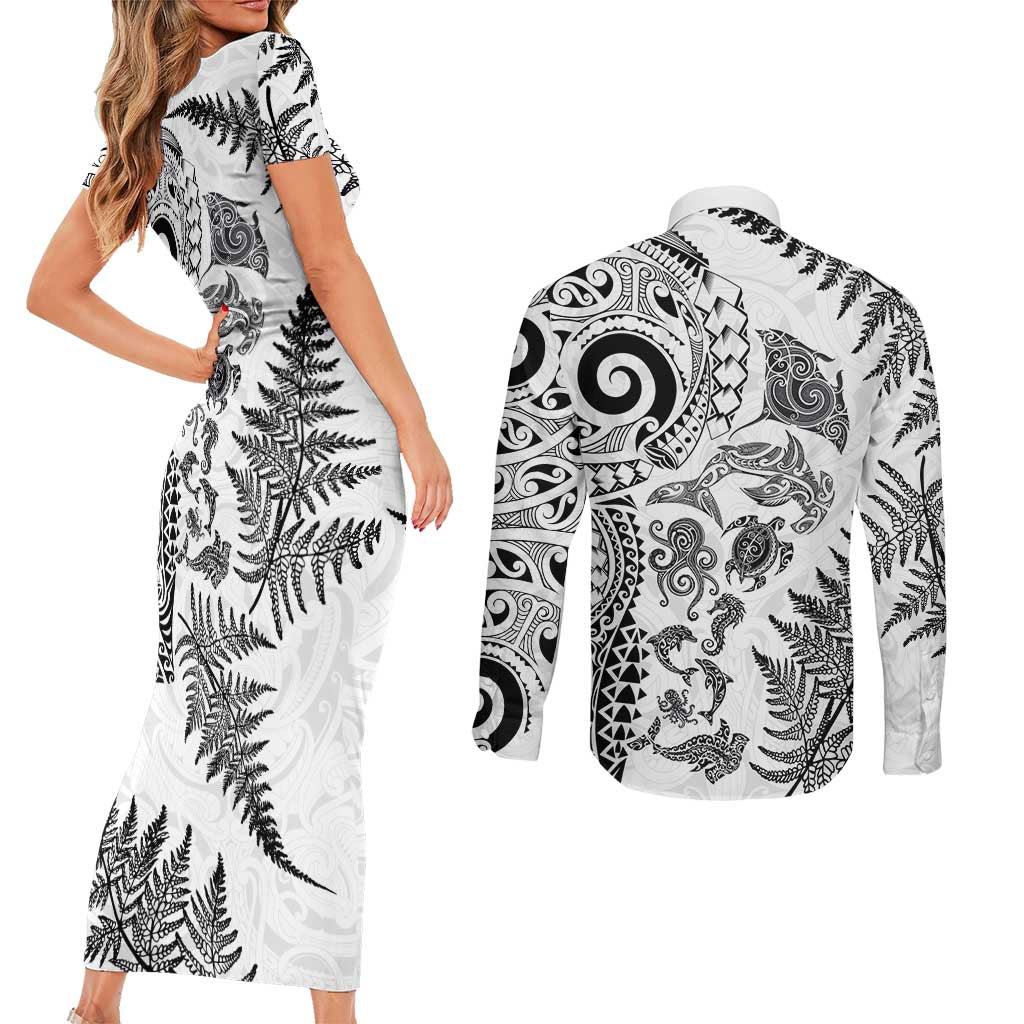 New Zealand Sea Animals Couples Matching Short Sleeve Bodycon Dress and Long Sleeve Button Shirt with Maori Koru Tribal Tattoo and Silver Ferns White Color LT03 - Polynesian Pride