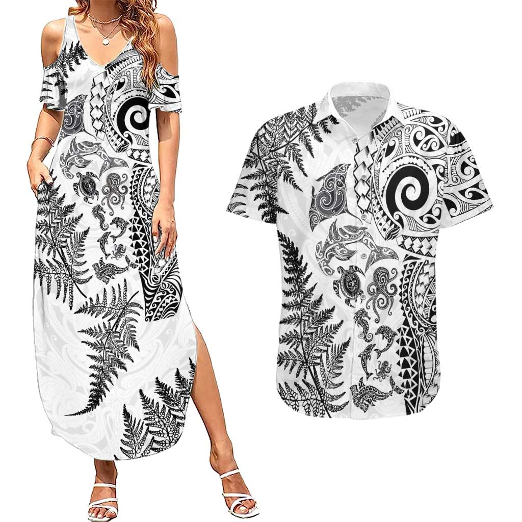 New Zealand Sea Animals Couples Matching Summer Maxi Dress and Hawaiian Shirt with Maori Koru Tribal Tattoo and Silver Ferns White Color