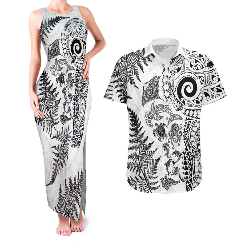 New Zealand Sea Animals Couples Matching Tank Maxi Dress and Hawaiian Shirt with Maori Koru Tribal Tattoo and Silver Ferns White Color LT03 White - Polynesian Pride