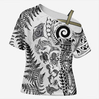 New Zealand Sea Animals Cross Shoulder Shirt with Maori Koru Tribal Tattoo and Silver Ferns White Color
