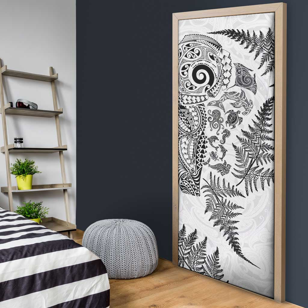 New Zealand Sea Animals Door Cover with Maori Koru Tribal Tattoo and Silver Ferns White Color