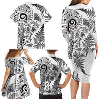 New Zealand Sea Animals Family Matching Long Sleeve Bodycon Dress and Hawaiian Shirt with Maori Koru Tribal Tattoo and Silver Ferns White Color