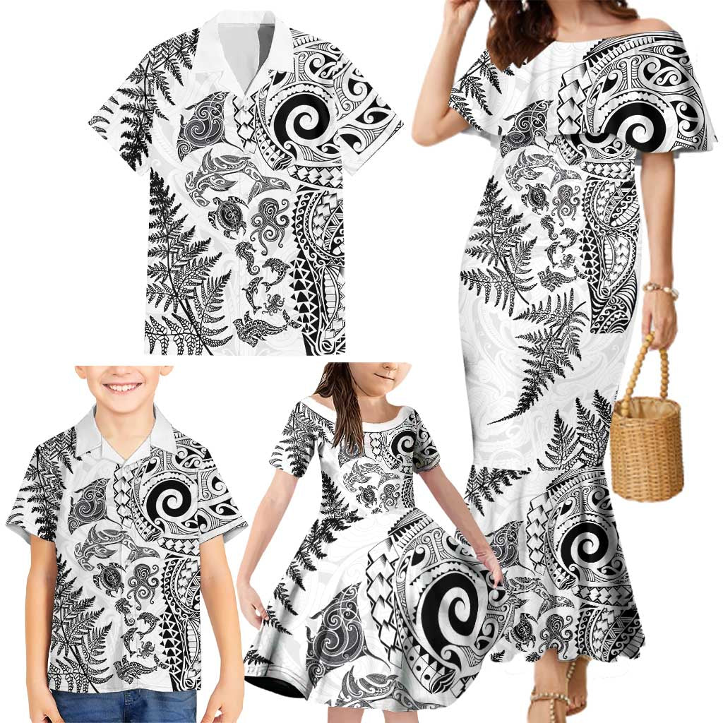 New Zealand Sea Animals Family Matching Mermaid Dress and Hawaiian Shirt with Maori Koru Tribal Tattoo and Silver Ferns White Color LT03 - Polynesian Pride