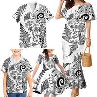 New Zealand Sea Animals Family Matching Mermaid Dress and Hawaiian Shirt with Maori Koru Tribal Tattoo and Silver Ferns White Color LT03 - Polynesian Pride